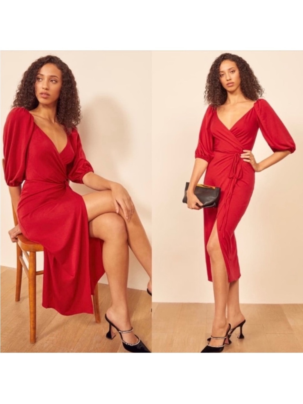 NWT Reformation Calabra Puff Sleeve Wrap Dress in Cherry
